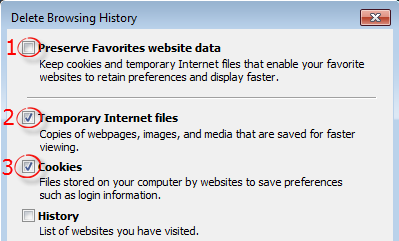 Uncheck Preserve Favorites Website Data, Check Temporary Internet Files and Cookies 